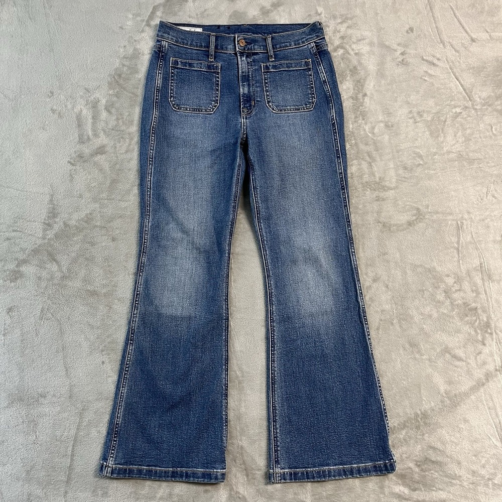 GAP 70s Flare High Rise Jeans Womens 29 8 Petite Blue Stretch Denim Patch Pocket